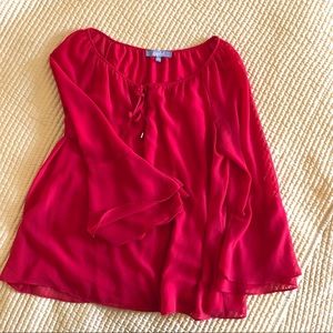 Sheer sleeve, bell sleeve, tie neck top